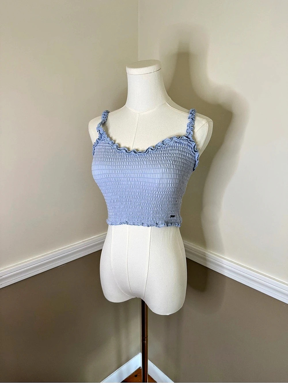 Hollister Smocked Ruffle Strap Crop Top Blue Small